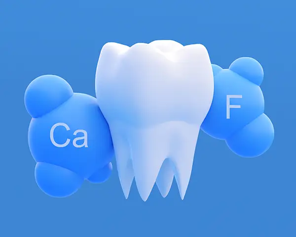 A blue calcium molecule and fluoride molecule protectively wrapped around a big white tooth.
